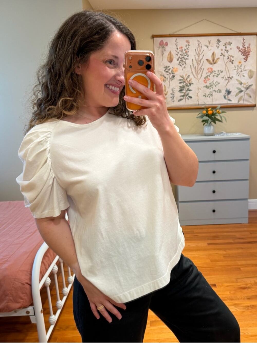 Tuckernuck Merlette cotton Women's Cream Puff-Sleeve Ruched Top Large